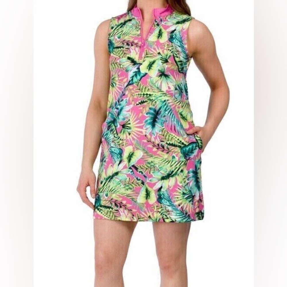Tommy Bahama Golf Sleeveless Tropical Print Dress Pink Green Size M